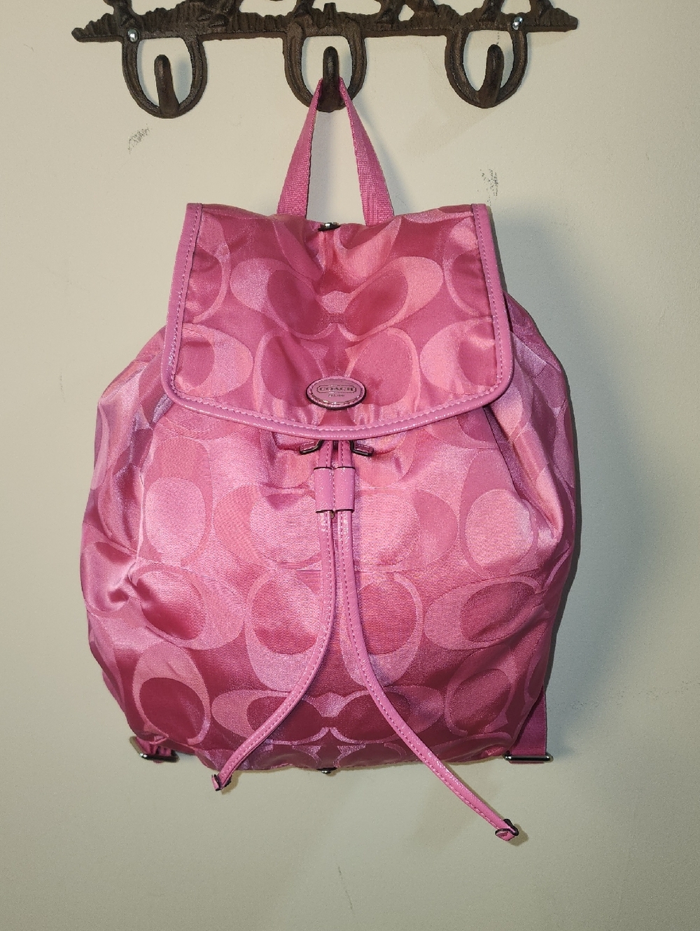 Coach Bubblegum Pink Signature Drawstring Backpack Travel Packable Nylon Leather